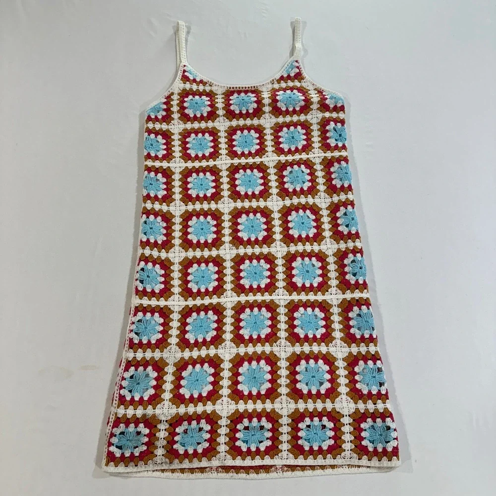 Willow & Wind Granny Square Crochet Mini Dress Women XS Multi Color Boho Folk